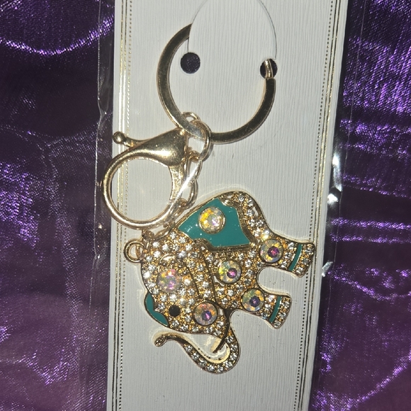 Accessories - Gold Elephant Crystal Keychain with Teal Accent